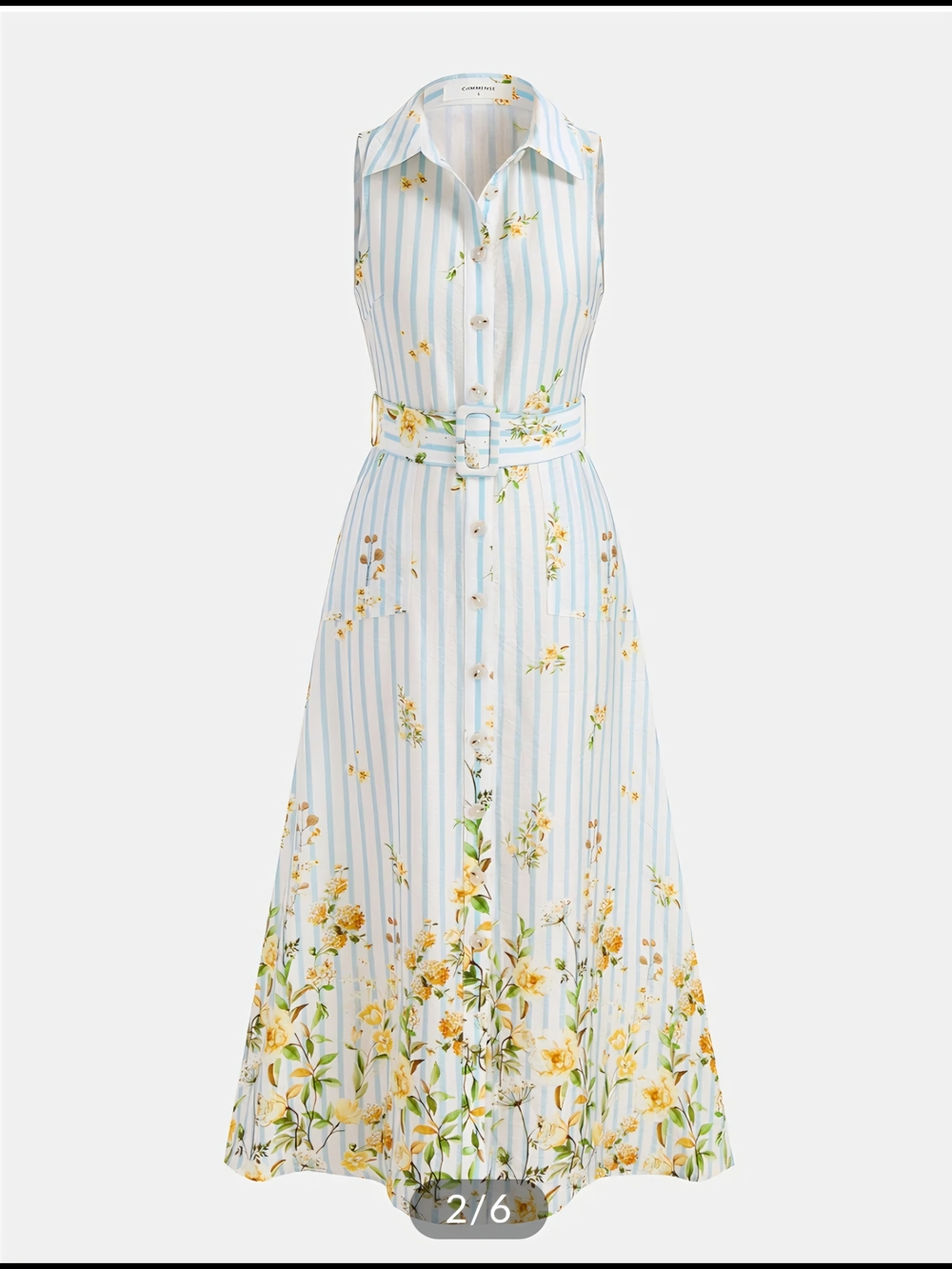 Floral Striped Sleeveless Belted Midi Dress - Picture 2 of 6